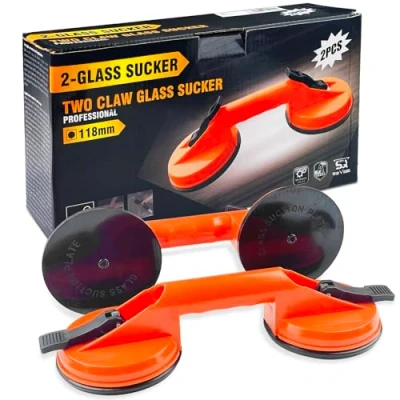 Afbeelding van Baxcdyswe 2 glazen zuignappen, tegelzuignappen met antislip handgreep, draagvermogen 100 kg, zuignap voor veilig transport tegels, ramen glas, vloer (oranje)