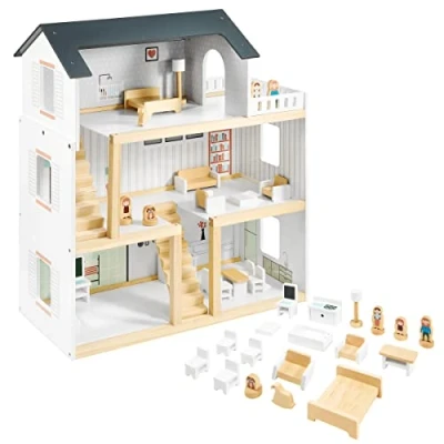 Afbeelding van mamabrum Houten poppenhuis, 70 x 30 60 cm, voor kinderen + 3 jaar, met groot terras, 4 figuren, etages, 2 slaapkamers, keuken, woonkamer en 18 bewegende delen (N71 &amp; CE)