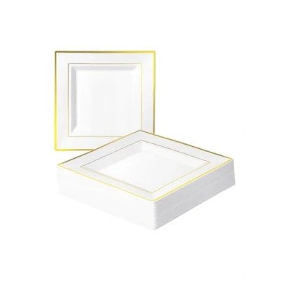 Afbeelding van MATANA 20 stuks vierkante dessertborden van hoogwaardig wit kunststof met gouden rand, 16,5 cm, kleine herbruikbare dessertborden, starterborden voor bruiloften,