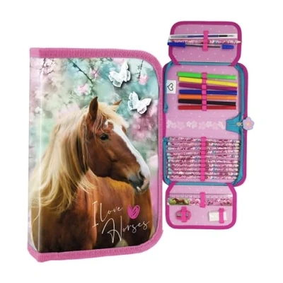 Afbeelding van Theonoi Trousse à crayons 2 compartiments d&#039;écolier remplie, Cheval,
