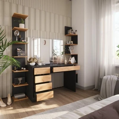 Afbeelding van Vicco Sherry Toilettafel 120 x 75 cm met LED spiegel en krukje Antraciet/gouden eik