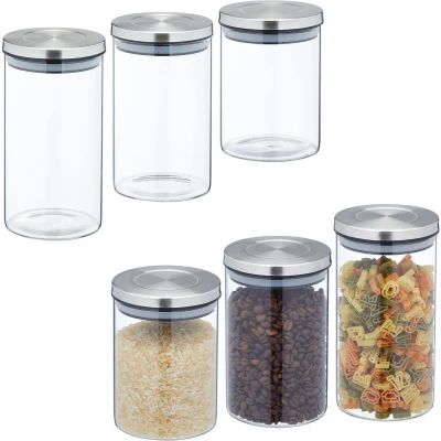 Afbeelding van Relaxdays voorraadpot rvs deksel set van 6 glazen opbergpot meel bewaarpot pasta