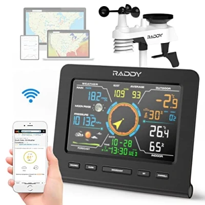 Afbeelding van Raddy WF 100C Lite Weerstations Draadloos Binnen Buiten Met Temperatuur, Luchtdruk, Vochtigheid, Windmeter, Regenmeter, Weersvoorspelling, Maanzin, Wekker voor Huis, Tuin, Boerderij