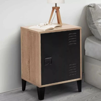 Afbeelding van Table de chevet ESTER effet bois 1 porte métal noir design industriel