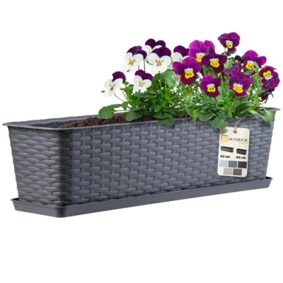 Afbeelding van Kadax Balkon pot met sokkel, plantenbak, balkonbak wateropeningen, bloembak voor rozen, oleander, rotan look, handgrepen, 60 cm, grafiet