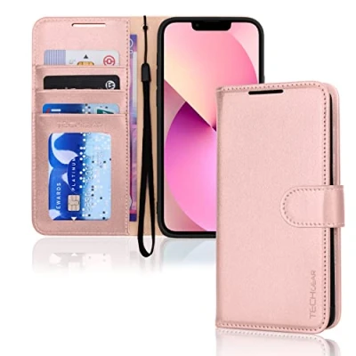 Afbeelding van TECHGEAR Beschermhoes voor iPhone 13, portefeuilleformaat, van PU leer met klapdeksel, kaartvakken, standaard en polsband, roze, compatibel 6,1 inch