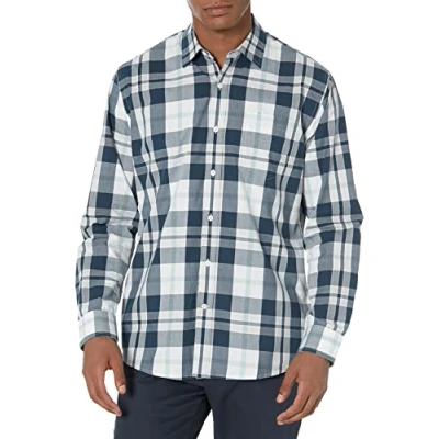 Image de Amazon Essentials Chemise en Popeline à Manches Longues, Style Décontracté, Coupe Standard Men&#039;s, Indigo Vintage Blanc Écossais, XXL