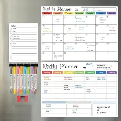 Afbeelding van Uitwisbare kalenderset Magnetische koelkastkalender Maandkalender met extra dikke magneet, inclusief fijne marker en gum (maandelijks, wekelijks dagelijks)