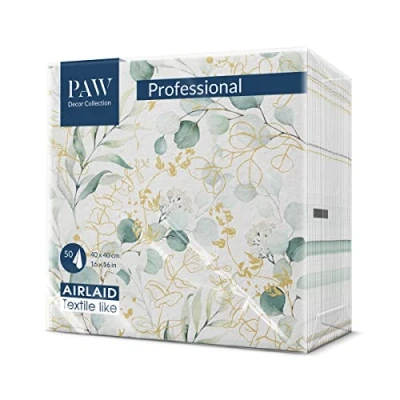 Afbeelding van PAW Decor Collection Papieren servetten van Airlaid. 40 x cm. 50 Stuks. Horeca. Tafeldecoratie. Bladeren, eucalyptus, stoffen structuur, subtiele kleuren. Een mooie decoratie op elke tafel.