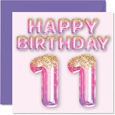 Afbeelding van Stuff4 Verjaardagskaart voor meisjes 11 jaar, roze en paarse glitterballonnen, verjaardagskaarten meisje, zus, kleindochter, neef, 145 mm x