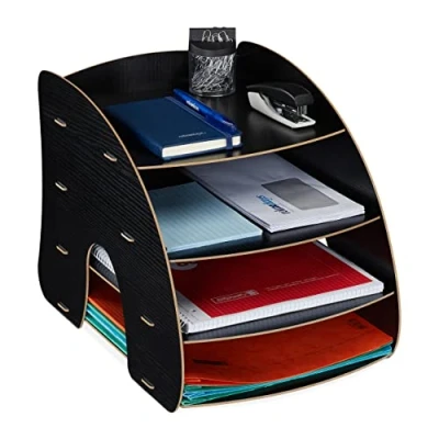 Afbeelding van Relaxdays brievenbak 4 vakken bureau organizer a4 sorteerbak brieven groot zwart