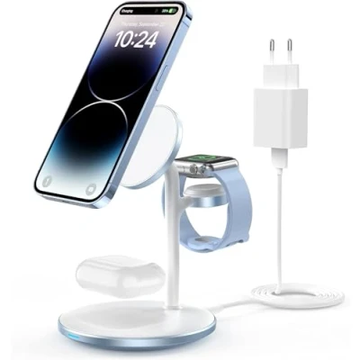 Afbeelding van DEESOOCO Mag Safe 3 in 1 inductief laadstation voor meerdere apparaten, 15 W iPhone 14, iWatch Ultra 2/1/Series 9, AirPods, blauw