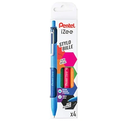 Afbeelding van Pentel BX470/4FUNNY etui met 4 intrekbare iZee balpennen metalen clip, blauw/groen/oranje/roze