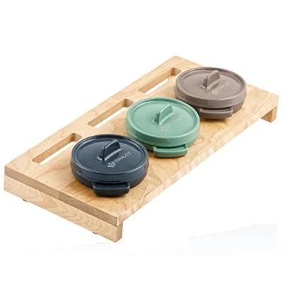 Afbeelding van Mahlzeit Mini braadpannenset met houten standaard, 3 x 250 ml, set van gietijzeren serveerpannen, geëmailleerd, pan