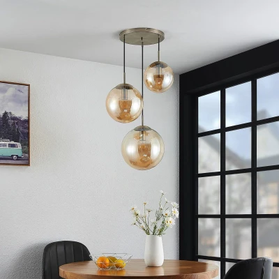 Afbeelding van Lindby hanglamp 3lichts glas, staal E27 amber, oudmessing