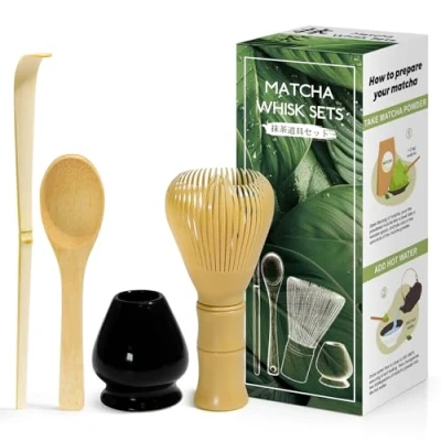 Afbeelding van 4 delige matcha set Japanse ceremonies, gele garde van kunsthars, bamboe lepel, bamboeschep, gardehouder, voor theeceremonie, drank glanzend zwart