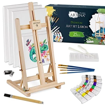 Afbeelding van Artina premium tekenset 25 delig inclusief tafelezel, 5x schildersdoek, acrylverf set, penselen en veel accessoires schilderij set Lissabon