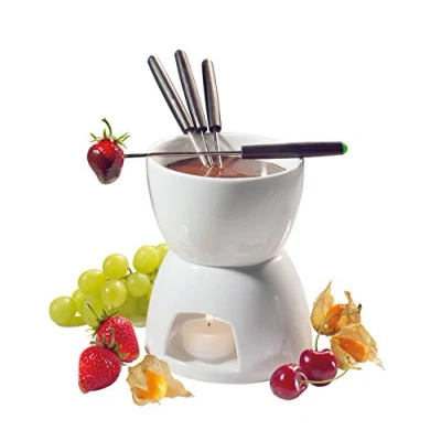 Afbeelding van Cilio Chocolade fondueset 6 delig hard vuurvast porselein Ø 12 cm, met fonduepan, fornuis, 4 vorken en 1 theelicht voor het dippen van fruit, wit