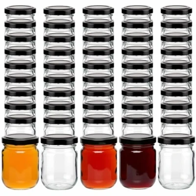 Afbeelding van gouveo Helix 12 stuks voorraadpotten met schroefdeksel, zwart, 130 ml, kleine weckpotten 53 mm schroefsluiting, voor jam, honing, specerijen, huishouden