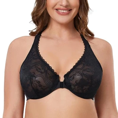 Afbeelding van MELENECA Damesbeha met kanten racerback, grote maat, zwart.
