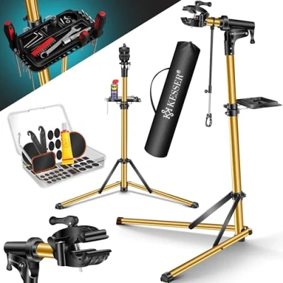 Afbeelding van KESSER® Fietsmontagestandaard, professionele reparatiestandaard, aluminium, voor fietsen, mountainbikes, e bike, zware belasting, montagestandaard, fietsstandaard + tas met snelontgrendelingsvoorzieningen, 360 graden draaibaar, goud