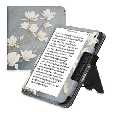 Afbeelding van kwmobile E reader hoesje geschikt voor Kobo Libra 2 hoes flip case van kunstleer Ereader cover met stand Magnolia design in taupe / wit blauwgrijs