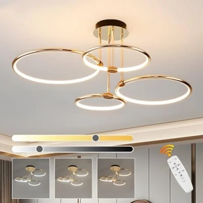 Afbeelding van 4 ronde ringen gouden led plafondlamp, kroonluchter Ø 75 cm 85 W verstelbaar continu vorm, creatieve metalen ophanging, moderne lamp voor slaapkamer, woonkamer