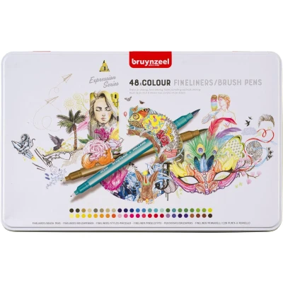 Afbeelding van Fineliner en brushpen Bruynzeel etui 48 kleuren