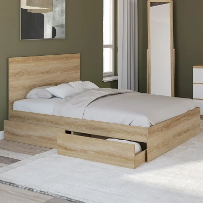 Image de lit double OMAHA 4 tiroirs sur roulettes avec tête de et sommier 140 x 190 cm façon hêtre