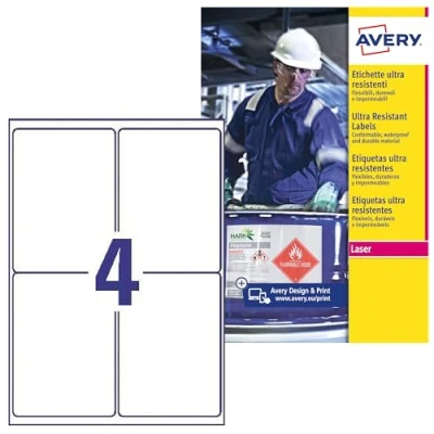 Afbeelding van AVERY Doos met 200 zelfklevende etiketten, zeer bestand tegen extreme omstandigheden, personaliseerbaar en bedrukbaar, formaat 99 x 139 mm, laser/inkjetdruk,