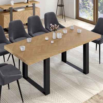 Image de Table à manger extensible rectangle CASSIUS 6 10 personnes effet chevrons et pieds noirs 160 200 cm