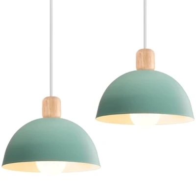 Afbeelding van iDEGU 2 Retro hanglampen, modern, druppelstijl, kap, plafondlamp, E27, metaal, hanglamp, voor slaapkamer, eetkamer of keuken, diameter 20 cm, stuks, groen