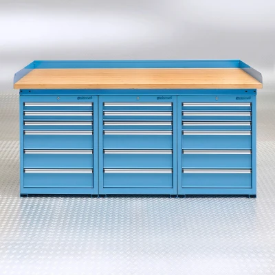 Afbeelding van Datona® Werkbank PRO bamboe werkblad 18 lades 200 cm Blauw