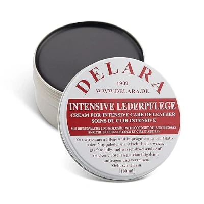 Afbeelding van DELARA Intensieve leerverzorging, zwart, 75 ml geïmpregneerd en beschermt leer zeer effectief. Nieuwe formule met hoogwaardige kokosolie bijenwas Made in Germany