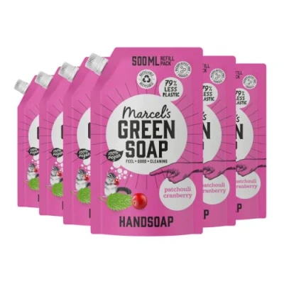 Afbeelding van 6x Marcel&#039;s Green Soap Handzeep Patchouli &amp; Cranberry Navul Stazak 500 ml