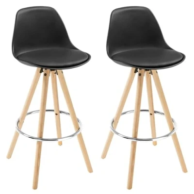 Afbeelding van WOLTU Zwart Barkrukken Barstoelen Set van 2 Stal Houten Poten Kunstleer met Rugleuning En Voetensteun,BH45sz