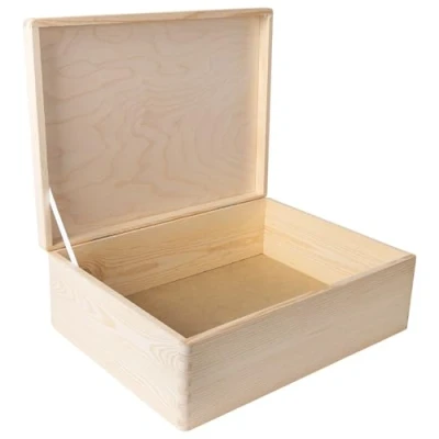 Afbeelding van Creative Deco Grote opbergdoos van hout Uni XL 40 x 30 13 cm (+/ 1 cm) gouden scharnieren en veiligheidsband met deksel handgrepen speelgoedkist ongelakt om te decoreren