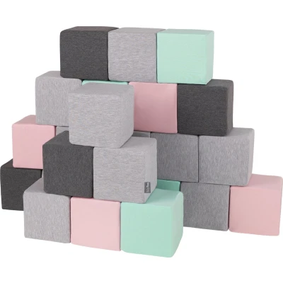 Afbeelding van KiddyMoon Zachte blokken voor baby&#039;s, 24 stuks, bouwkubus van schuim, 14 cm, kubussen: Lichtgrijs/donkergrijs/roze/mint