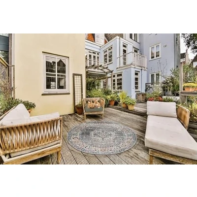 Afbeelding van Buitentapijt voor balkon terras of tuin Gris oriental 120x120 Rond robuust outdoor Vloerkleed weerbestendig en UV bestendi Binnen Buiten The Carpet Palma