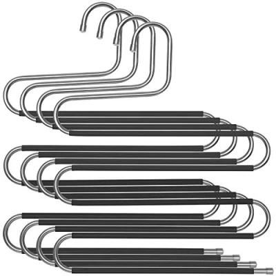 Afbeelding van SONGMICS broekenhangers ruimtebesparend, set van 4, meerdere metalen hangers, voor 5 broeken per stuk, S vorm, anti slip, garderobe, broeken, jeans, sjaals, handdoeken, stropdassen, zwart CRI043BK