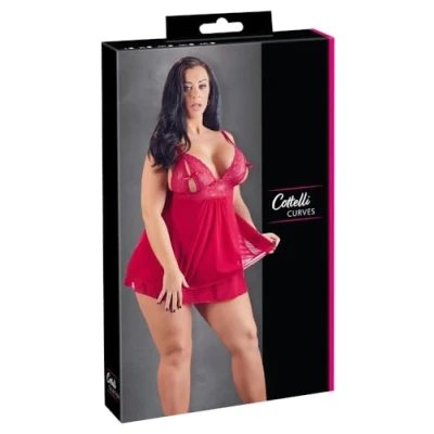 Afbeelding van Cottelli Plus Size Erotische Babydoll met Kanten Buste Motieven en Open Cups Maat 2XL Rood