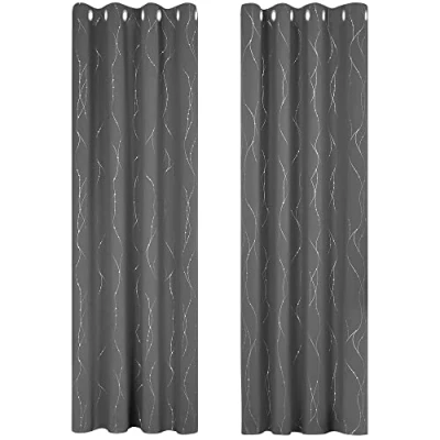Afbeelding van Deconovo Set van 2 thermische gordijnen, isolerend, anti kou, ringen, ondoorzichtig, decoratief, voor raam in de slaapkamer, zilverkleurig, 140 x 290 cm, lichtgrijs