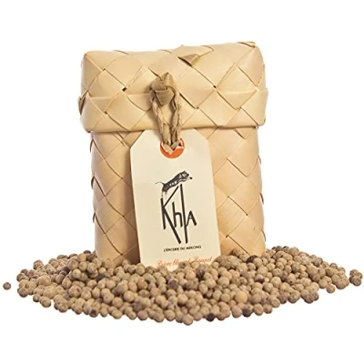 Afbeelding van Khla Biologische Kampot Witte Peper Peperkorrels 50g Traditioneel Palmblad Geschenkdoos Grote Rauw, Sterk &amp; Krachtig Ingrediënt Keuken Kruiden uit Azië Oorsprong Cambodja