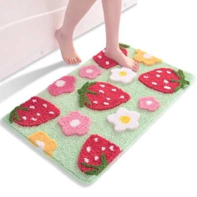 Afbeelding van QJHOMO Groene badmat, aardbei, anti slip, wasbare kleurrijke zachte microvezel douchemat, absorberend 50 x 80 cm