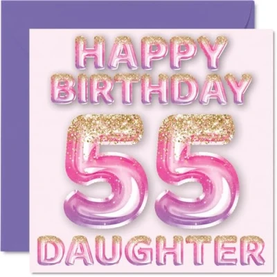 Afbeelding van Verjaardagskaart voor meisjes van 55 jaar, roze en paarse glitterballonnen, verjaardagskaarten jarige dochter mama papa, 145 mm x