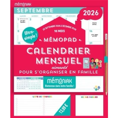 Afbeelding van MEMOPAD CALENDRIER MENSUEL BLOC AIMANTE 2026, SEPT. 2025 DEC
