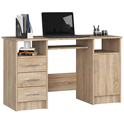 Afbeelding van Ana Computerbureau met toetsenbordblad, computerbureau, 3 laden, 1 opbergvak deur, 2 open opbergvakken, 124 x 74 52 cm, 45 kg, Sonoma eiken