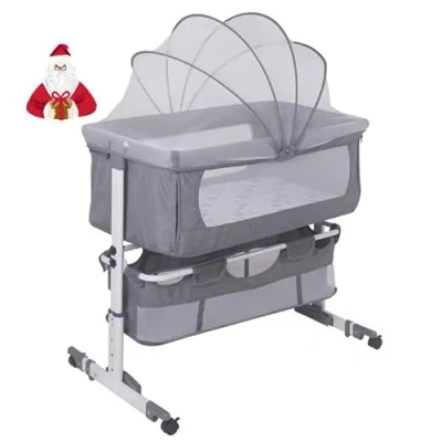 Afbeelding van BBAUER Cododo Babybed, wieg met matras en muggennet, in hoogte verstelbaar, babybed voor baby&#039;s van 1 tot 36 maanden, mobiele babykamer (92 x 58 70 87 cm, grijs)