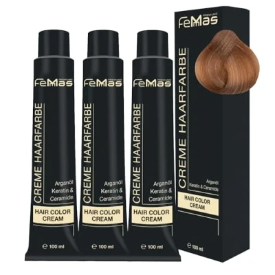 Image de FemMas Lot de 3 teintures pour cheveux, 100 ml, crème professionnelle, enrichie à l’huile d&#039;argan, kératine et céramides, comme coloration permanente ou teinte, blond clair chocolat intense 9.99