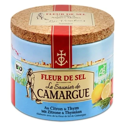 Afbeelding van Le Saunier De Camargue Zout, zoutbloem, citroen en tijm zoutvlokken voor kruiden, ronde blik, 125 g